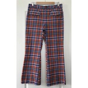 Anthropologie Maeve Plaid Flared Pants Multicolor Print Size 14 High Rise Retro